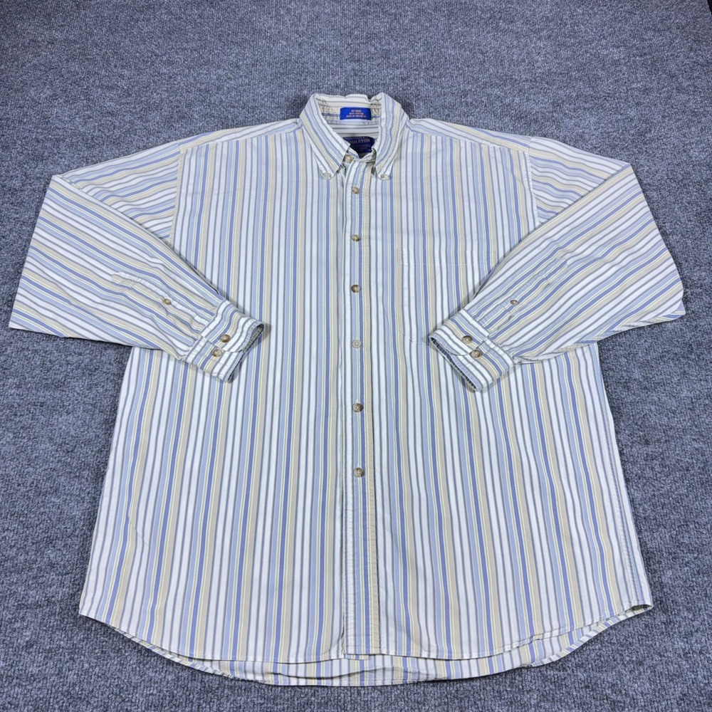 Pendleton Mens Large Button Down Shirt Striped Cotton Blue Green Tan Long Sleeve